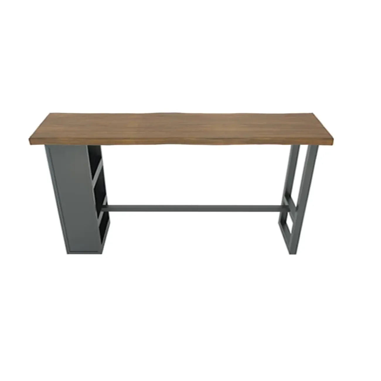 Table haute de bar industrielle en bois brun avec piètement en métal et étagères
