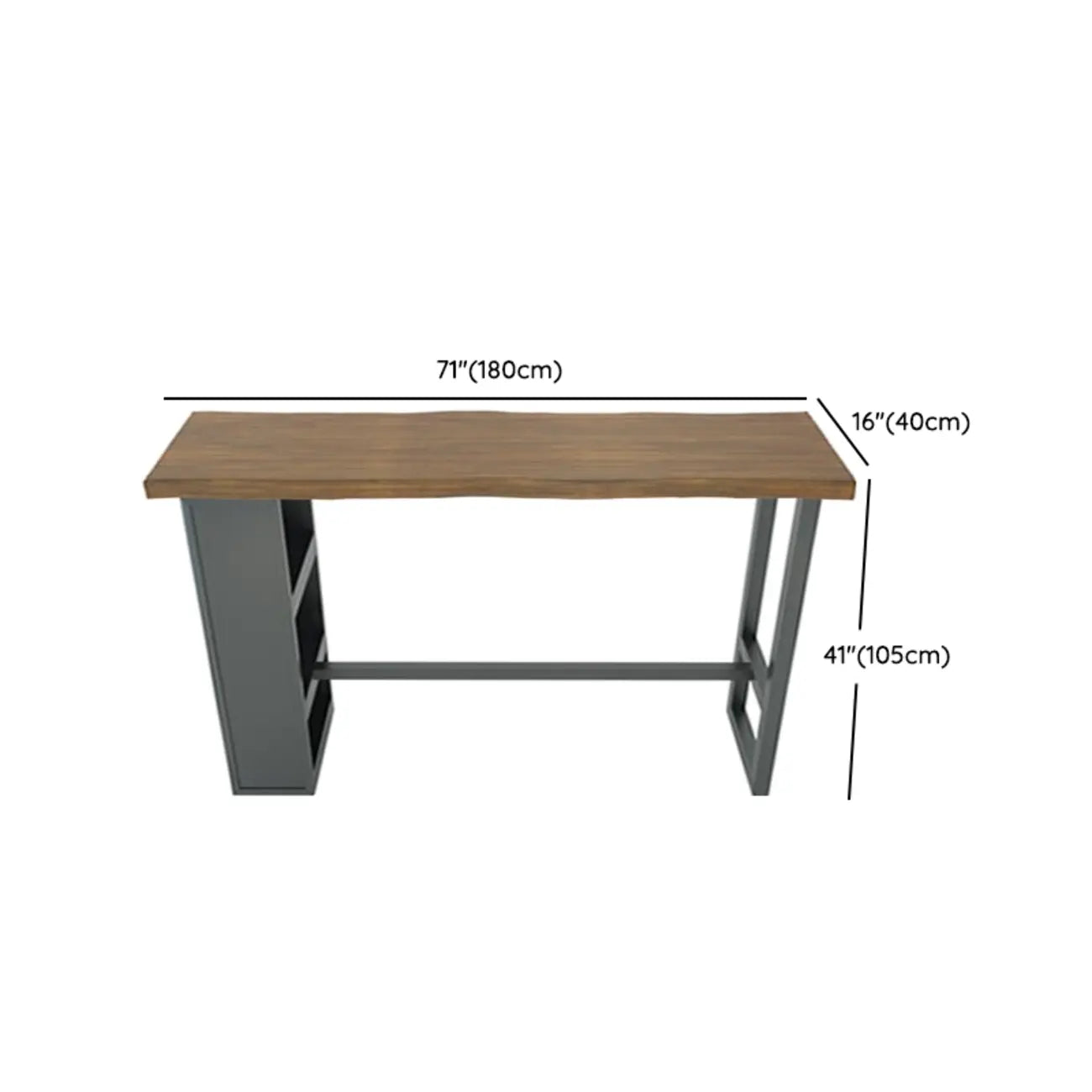 Table haute de bar industrielle en bois brun avec piètement en métal et étagères