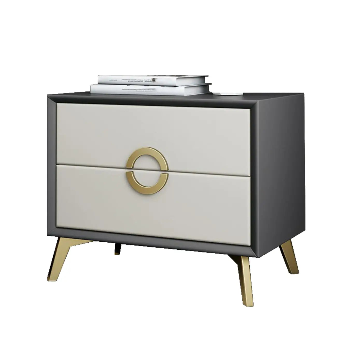 Table de chevet chic en cuir kaki avec détails dorés, à 2 tiroirs
