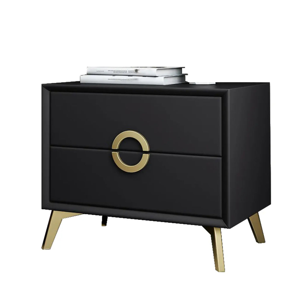 Table de chevet chic en cuir kaki avec détails dorés, à 2 tiroirs