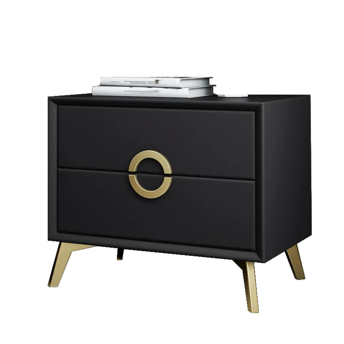 Table de chevet chic en cuir kaki avec détails dorés, à 2 tiroirs