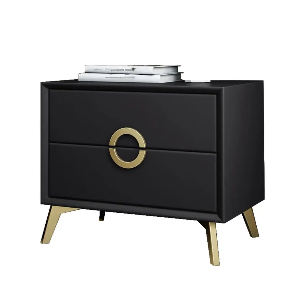 Table de chevet chic en cuir kaki avec détails dorés, à 2 tiroirs