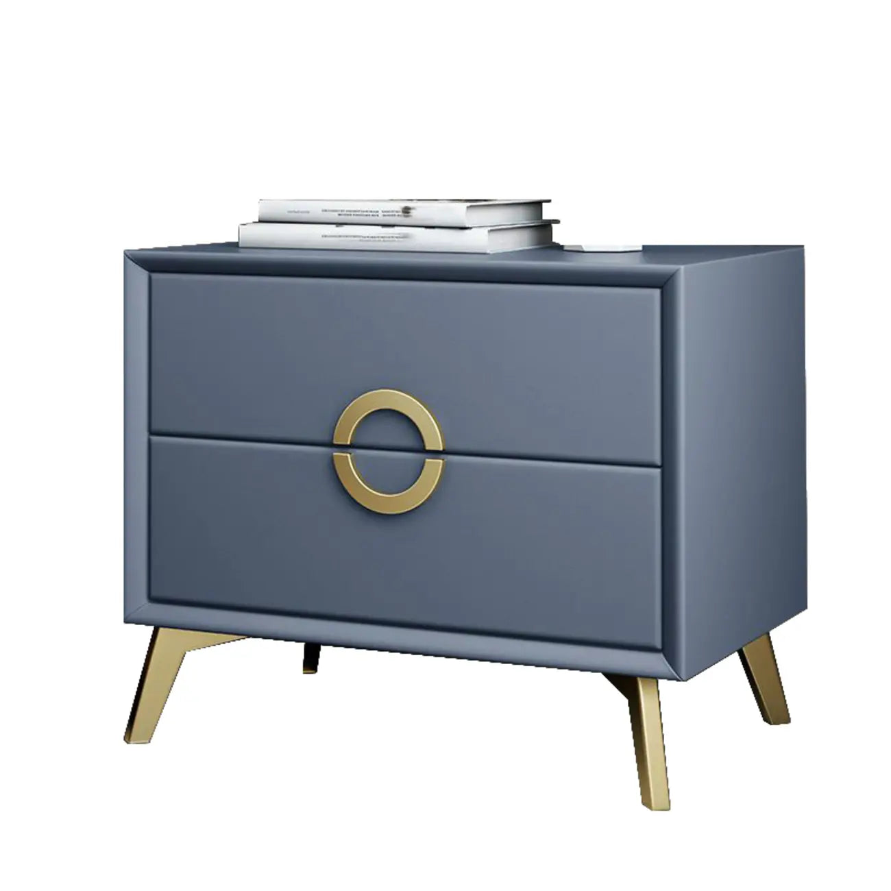 Table de chevet chic en cuir kaki avec détails dorés, à 2 tiroirs