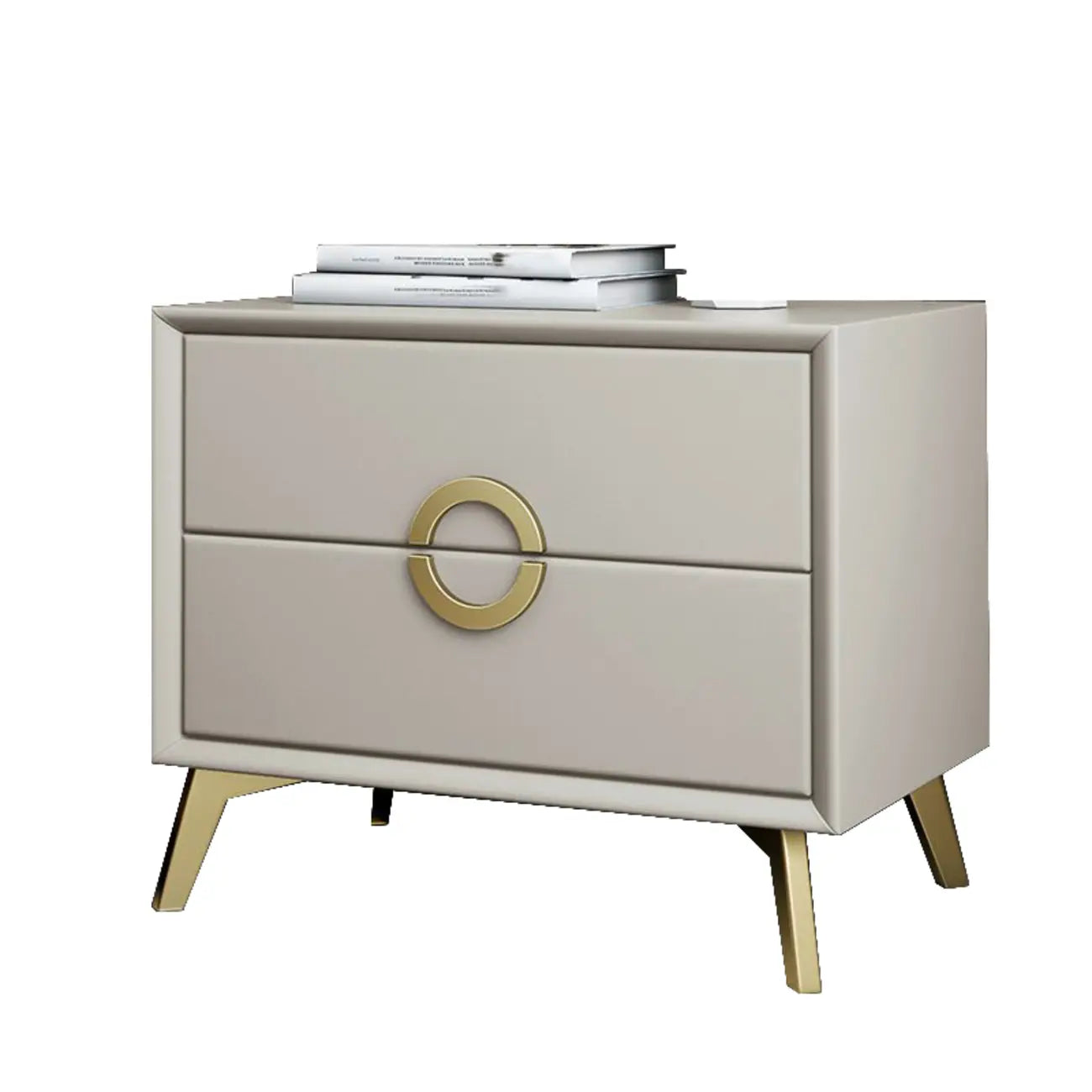 Table de chevet chic en cuir kaki avec détails dorés, à 2 tiroirs