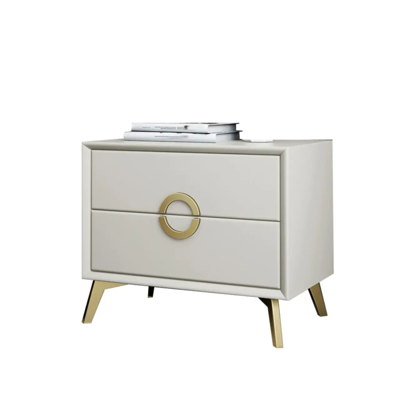 Table de chevet chic en cuir kaki avec détails dorés, à 2 tiroirs