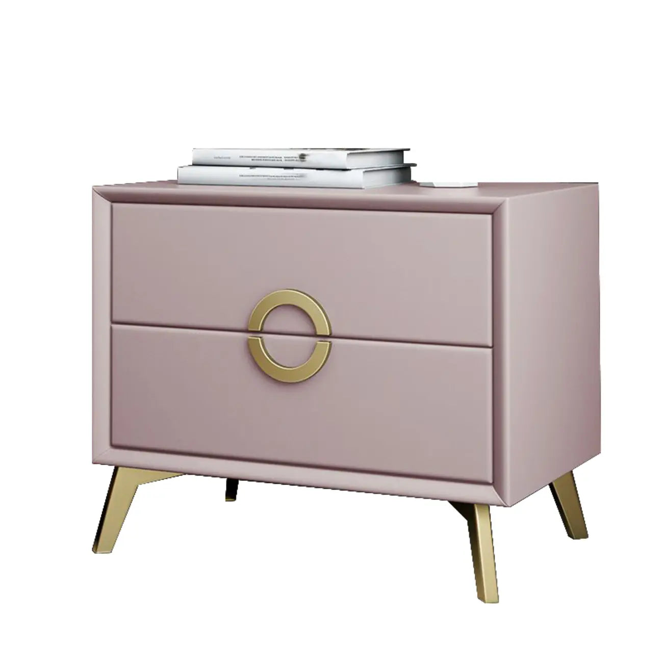 Table de chevet chic en cuir kaki avec détails dorés, à 2 tiroirs