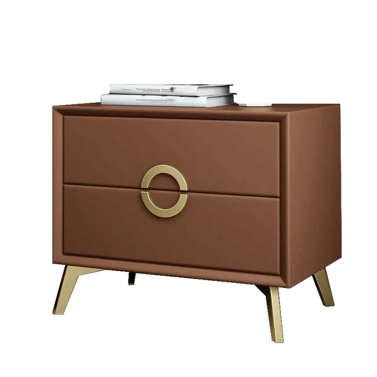 Table de chevet chic en cuir kaki avec détails dorés, à 2 tiroirs