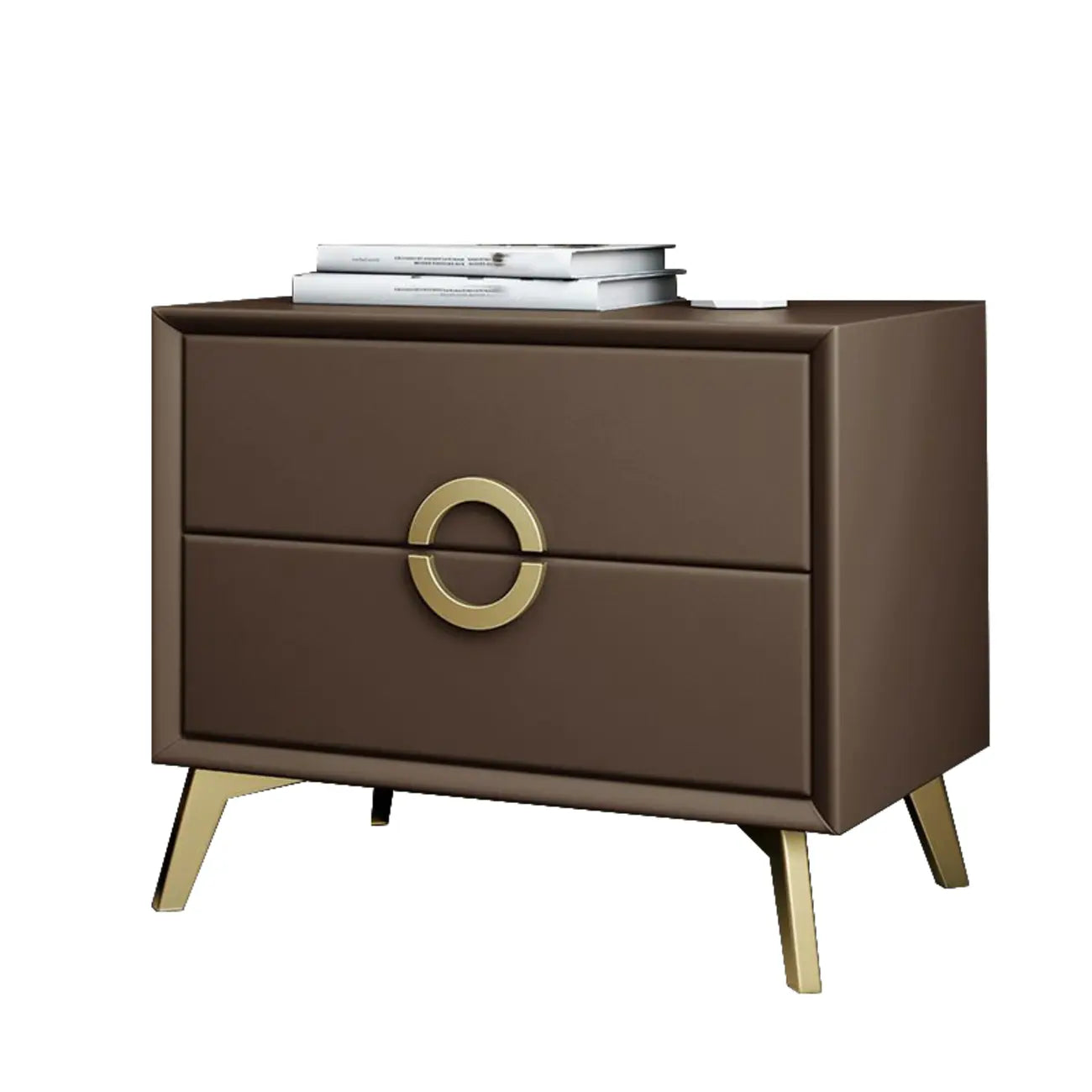 Table de chevet chic en cuir kaki avec détails dorés, à 2 tiroirs