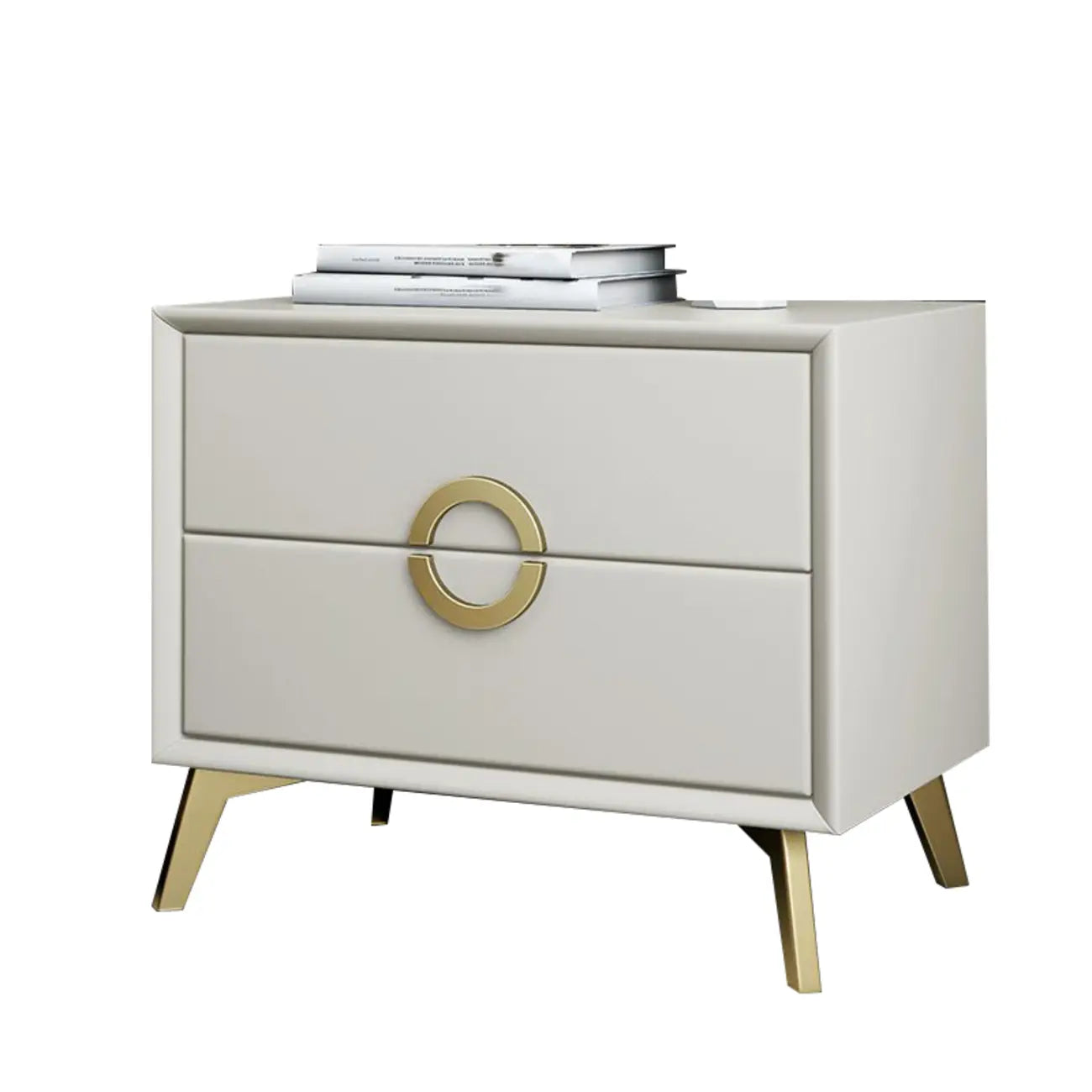 Table de chevet chic en cuir kaki avec détails dorés, à 2 tiroirs