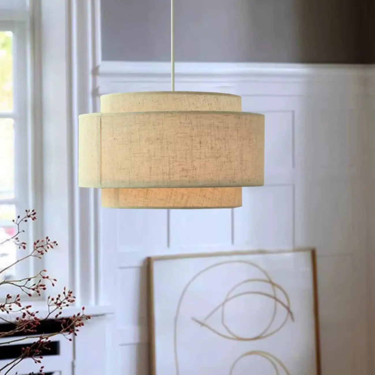 Suspension élégante en tissu beige à plusieurs couches pour salle à manger