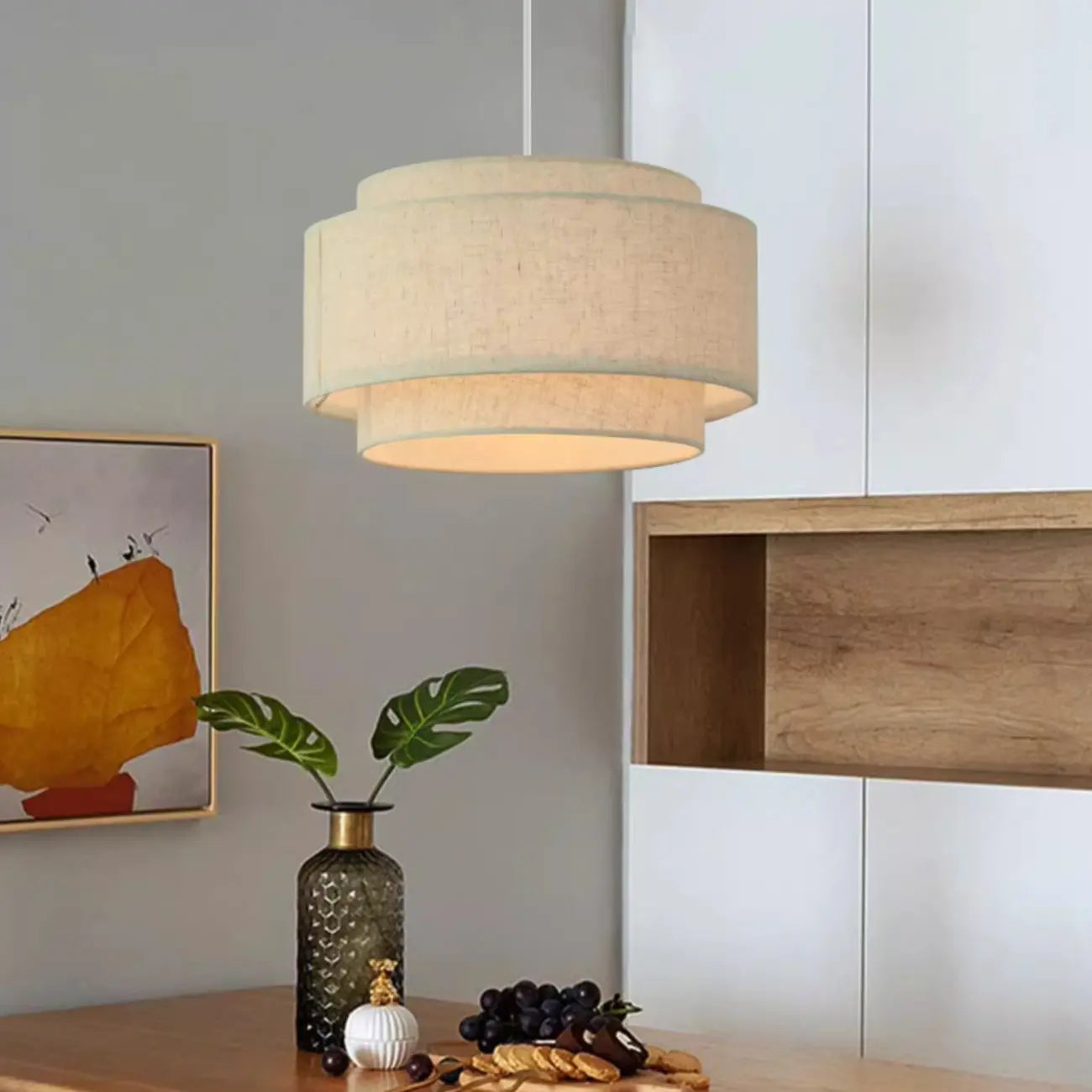 Suspension élégante en tissu beige à plusieurs couches pour salle à manger
