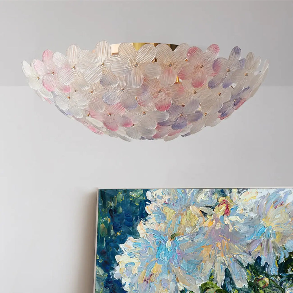 Plafonnier rond doré à abat-jour floral moderne en verre