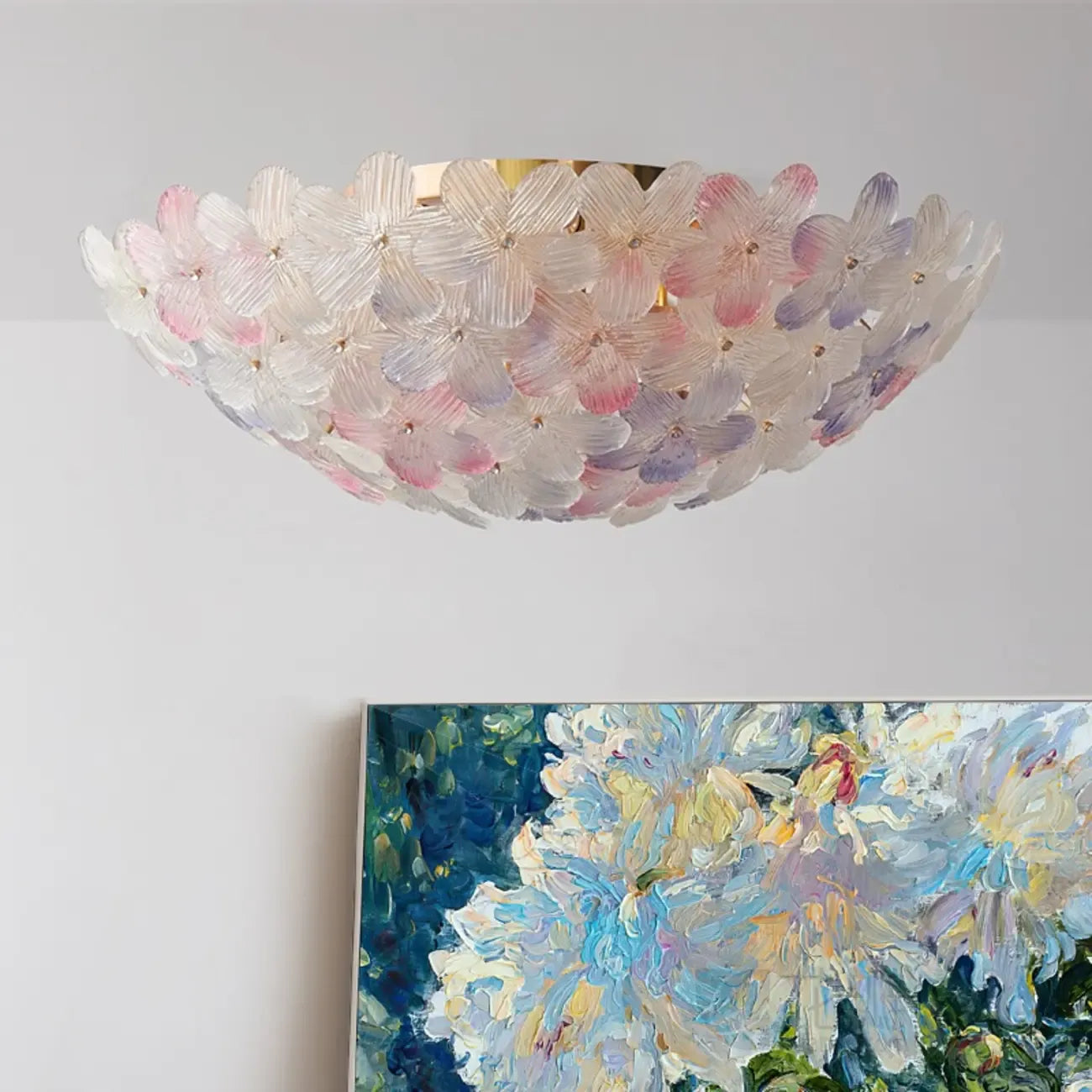 Plafonnier rond doré à abat-jour floral moderne en verre