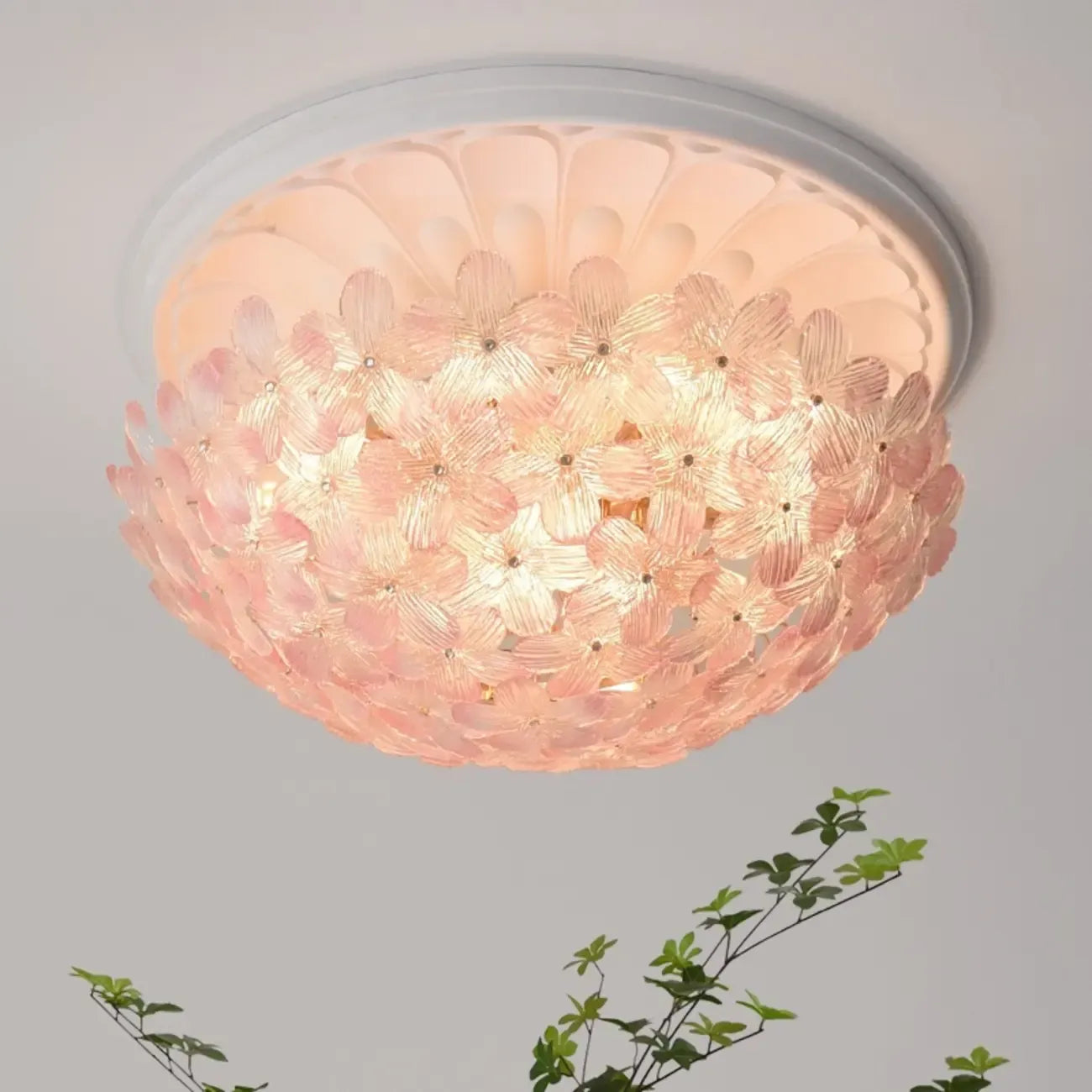 Plafonnier rond doré à abat-jour floral moderne en verre