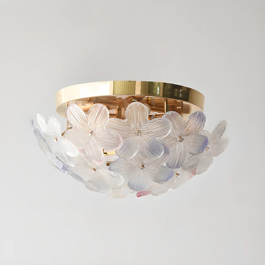 Plafonnier rond doré à abat-jour floral moderne en verre
