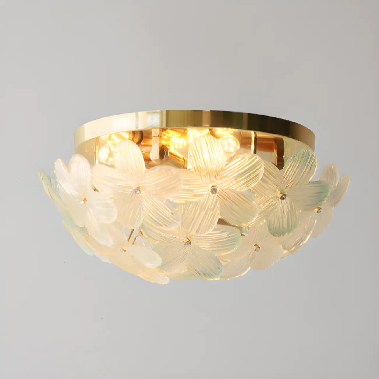 Plafonnier rond doré à abat-jour floral moderne en verre