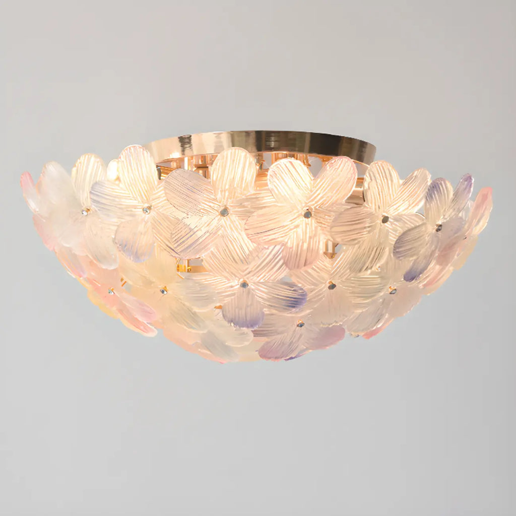 Plafonnier rond doré à abat-jour floral moderne en verre