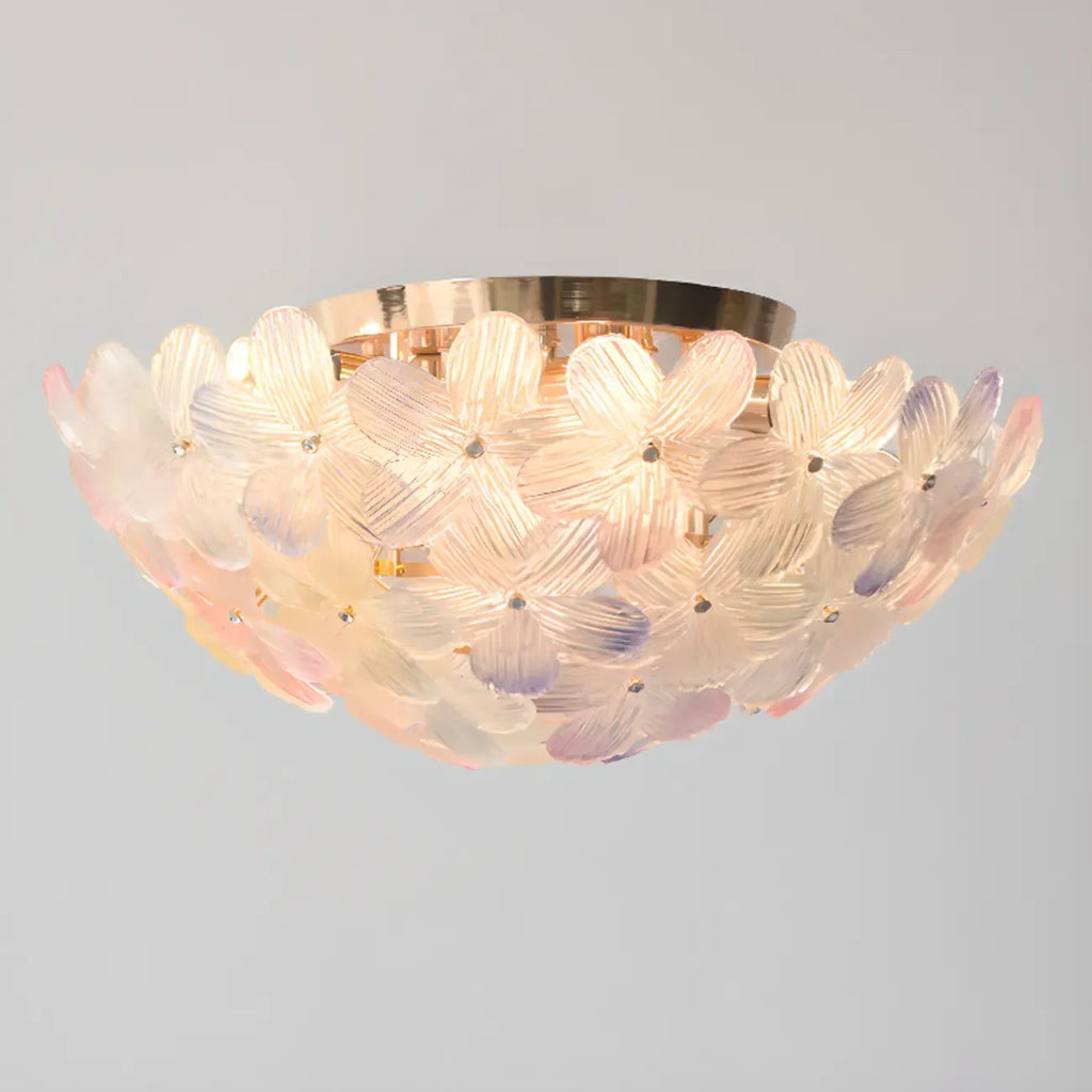 Plafonnier rond doré à abat-jour floral moderne en verre