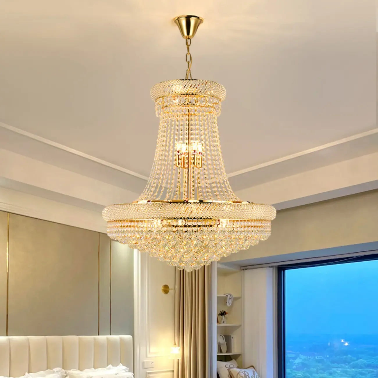 Lampadario regolabile Grand Gold con cristalli trasparenti