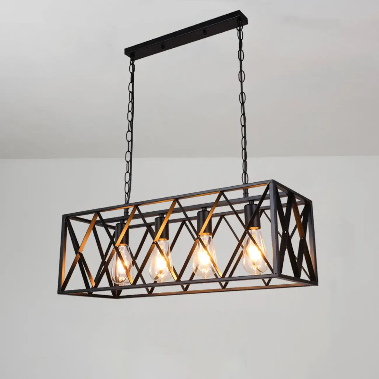 Luminaire industriel rectangulaire noir à 4 lumières pour îlot de cuisine