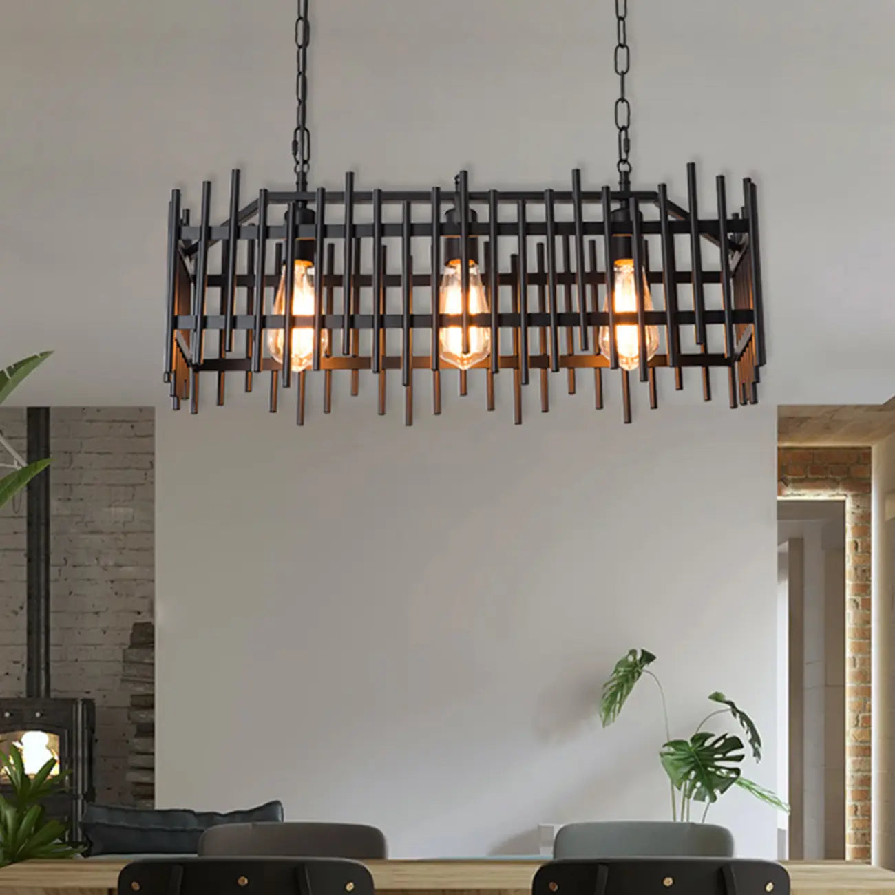 Luminaire industriel rectangulaire noir à 4 lumières pour îlot de cuisine
