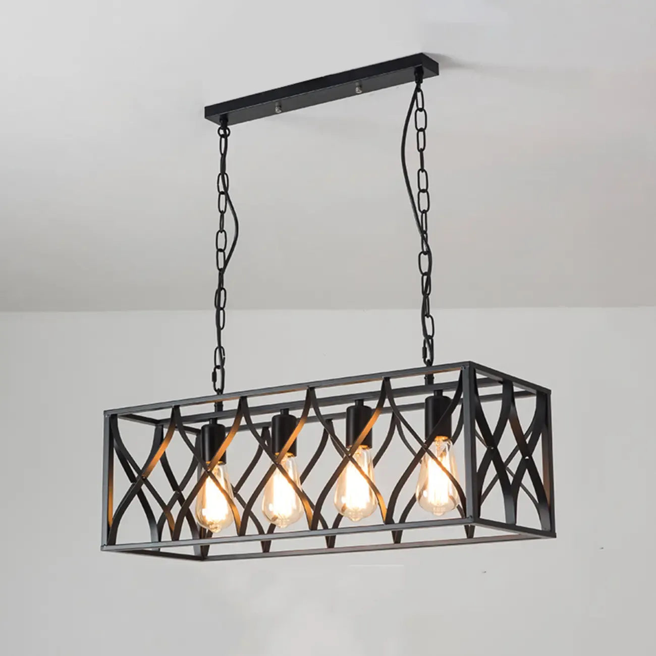 Luminaire industriel rectangulaire noir à 4 lumières pour îlot de cuisine