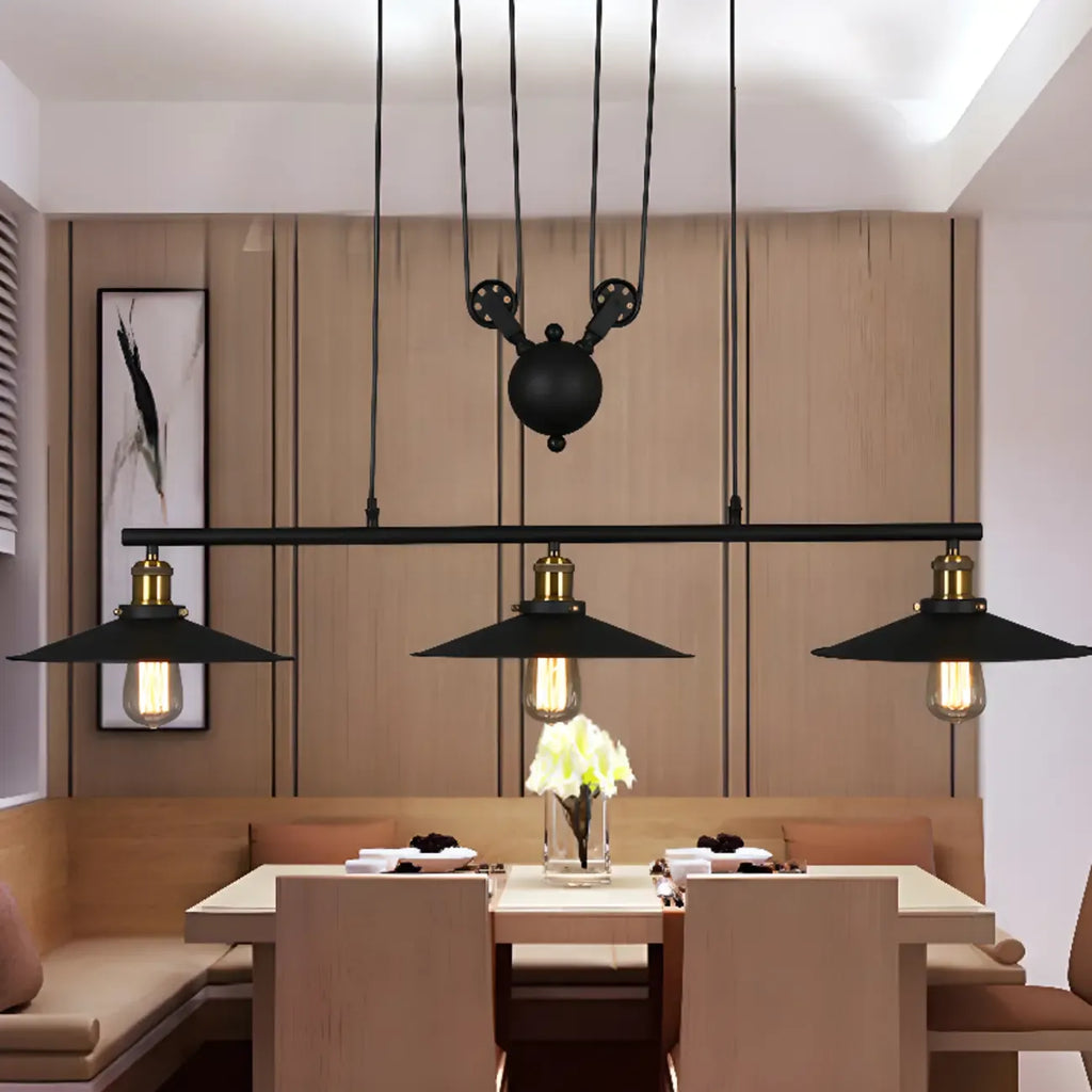 Suspension industrielle conique noire réglable pour îlot de cuisine