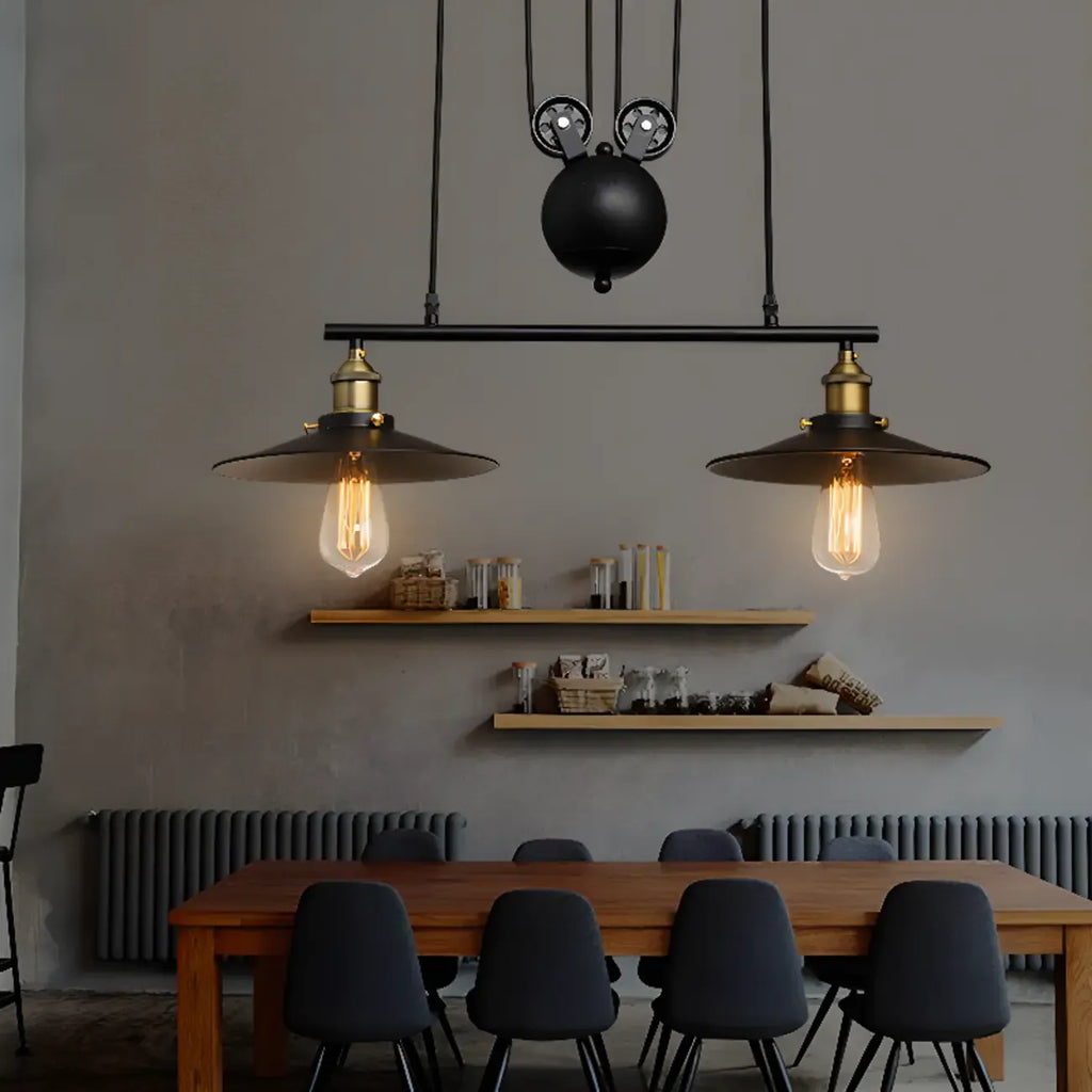 Suspension industrielle conique noire réglable pour îlot de cuisine