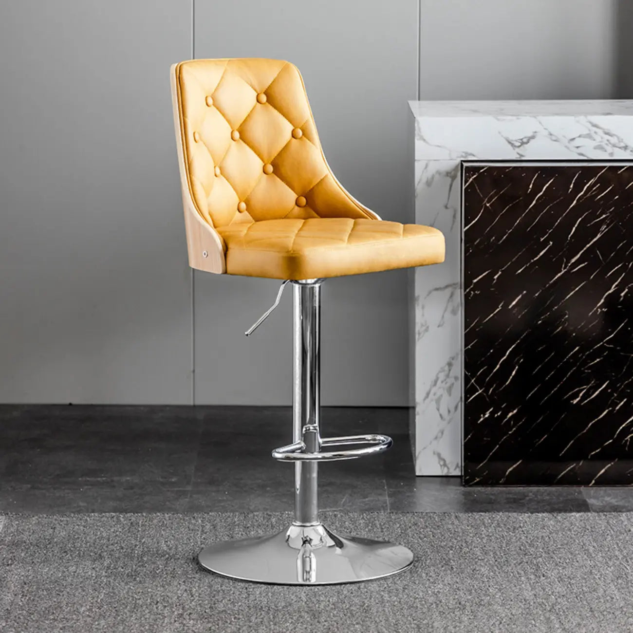 Tabouret de bar moderne réglable en cuir capitonné avec dossier haut