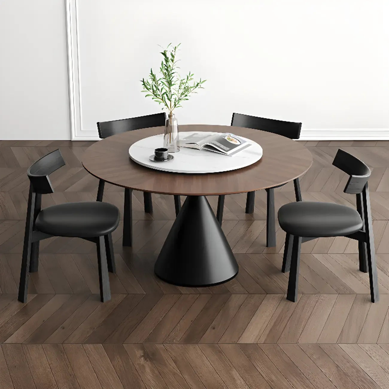 Table de salle à manger ronde moderne en bois noir sur pied central