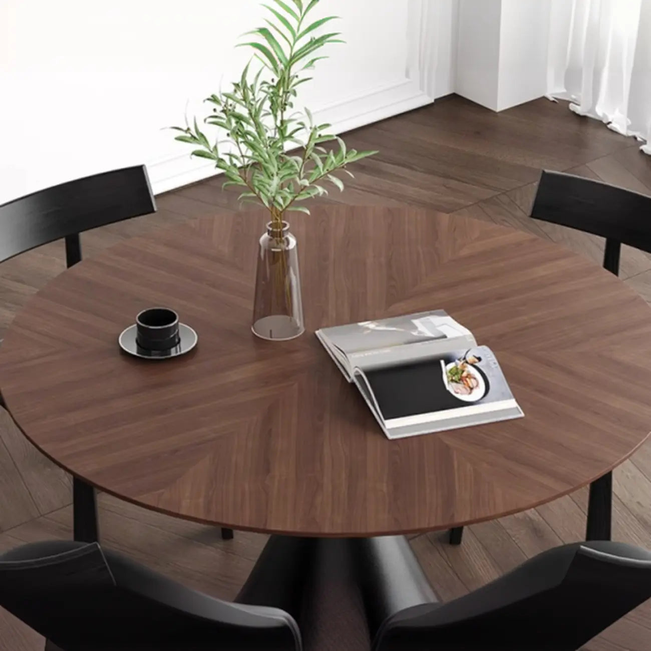 Table de salle à manger ronde moderne en bois noir sur pied central