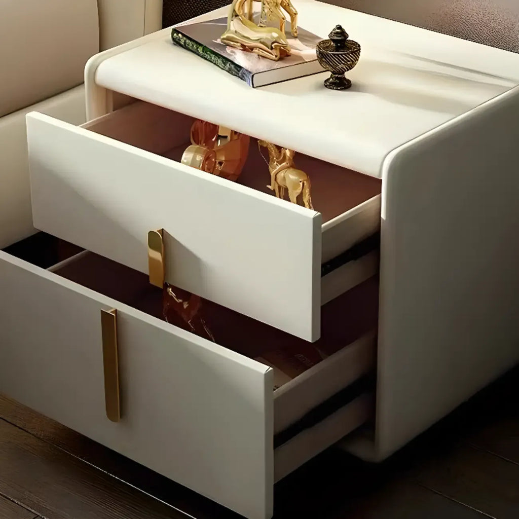 Table de chevet moderne en bois avec plateau en cuir et deux tiroirs