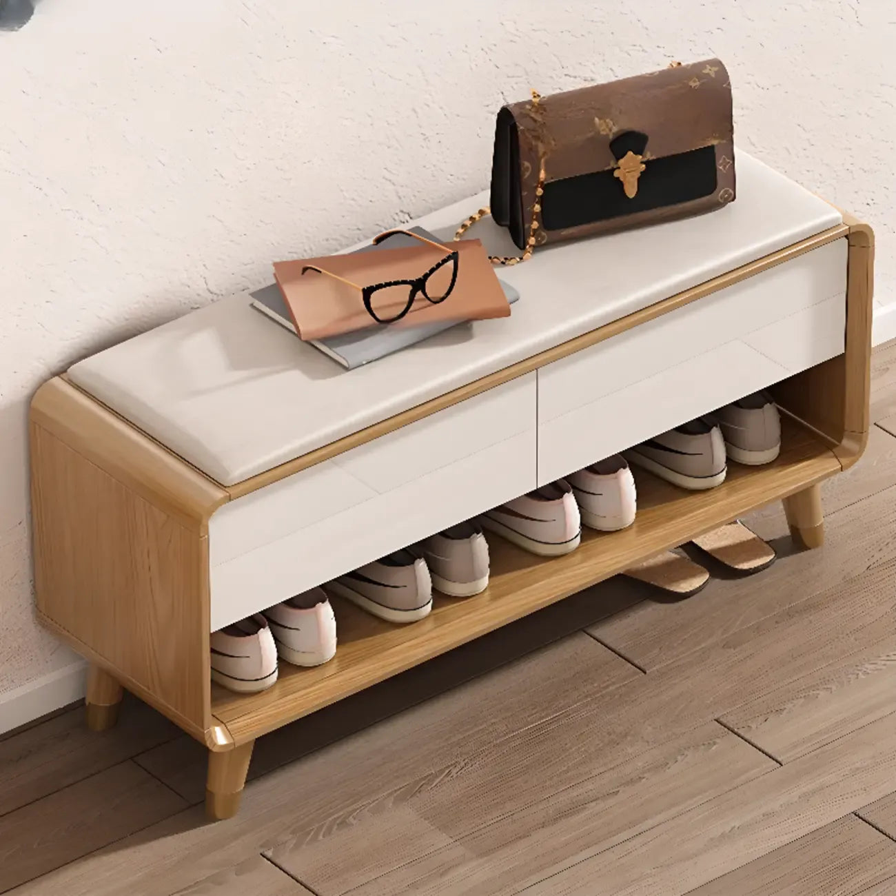 Banc de rangement à chaussures en bois naturel avec tiroirs pour entrée