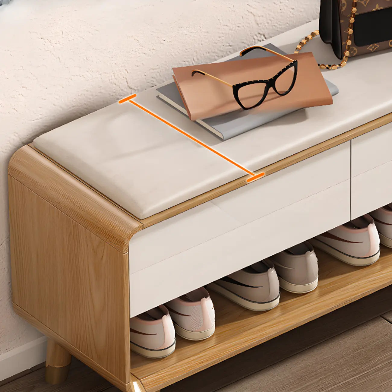 Banc de rangement à chaussures en bois naturel avec tiroirs pour entrée