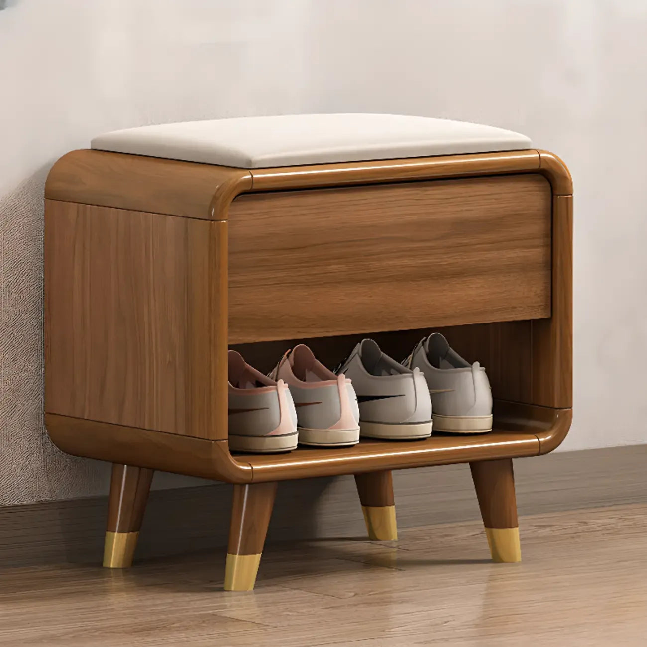 Banc de rangement à chaussures en bois naturel avec tiroirs pour entrée