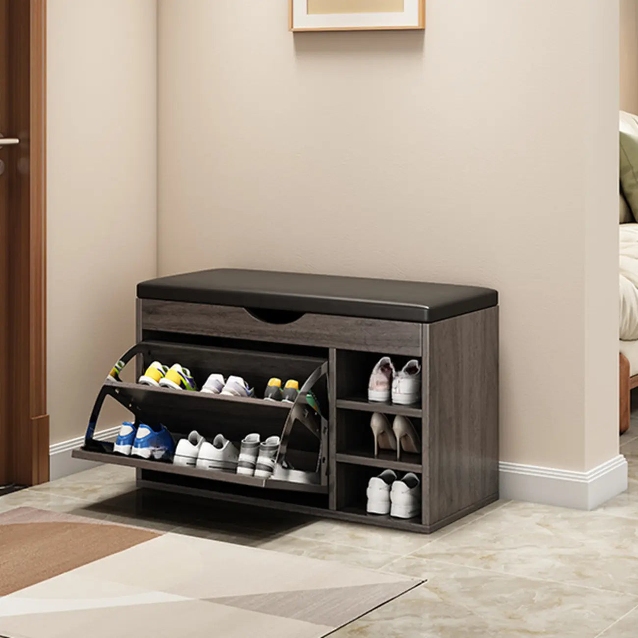 Banc d'entrée avec rangement à chaussures rabattable et couvercle à charnières