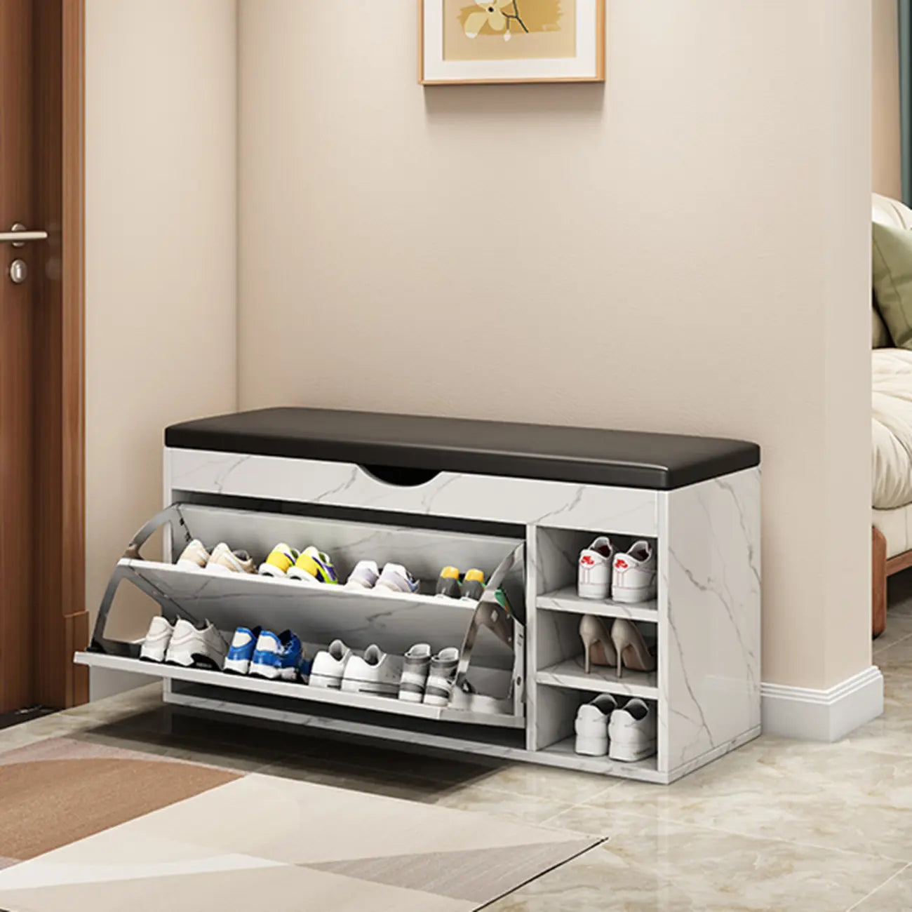 Banc d'entrée avec rangement à chaussures rabattable et couvercle à charnières