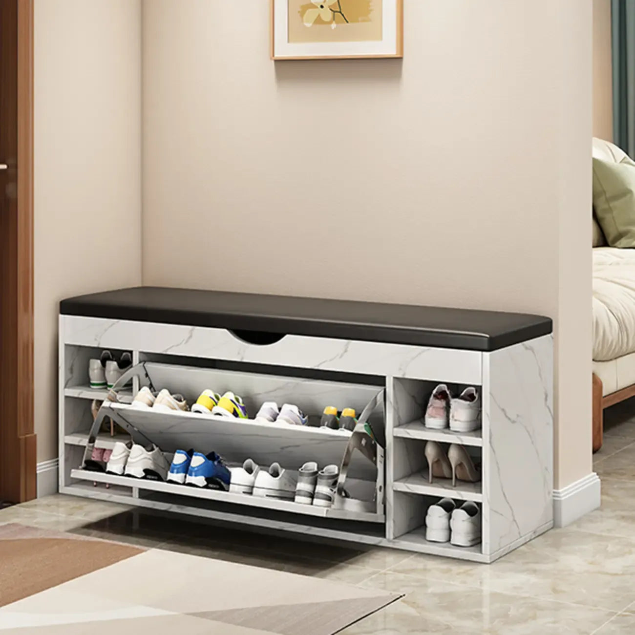 Banc d'entrée avec rangement à chaussures rabattable et couvercle à charnières