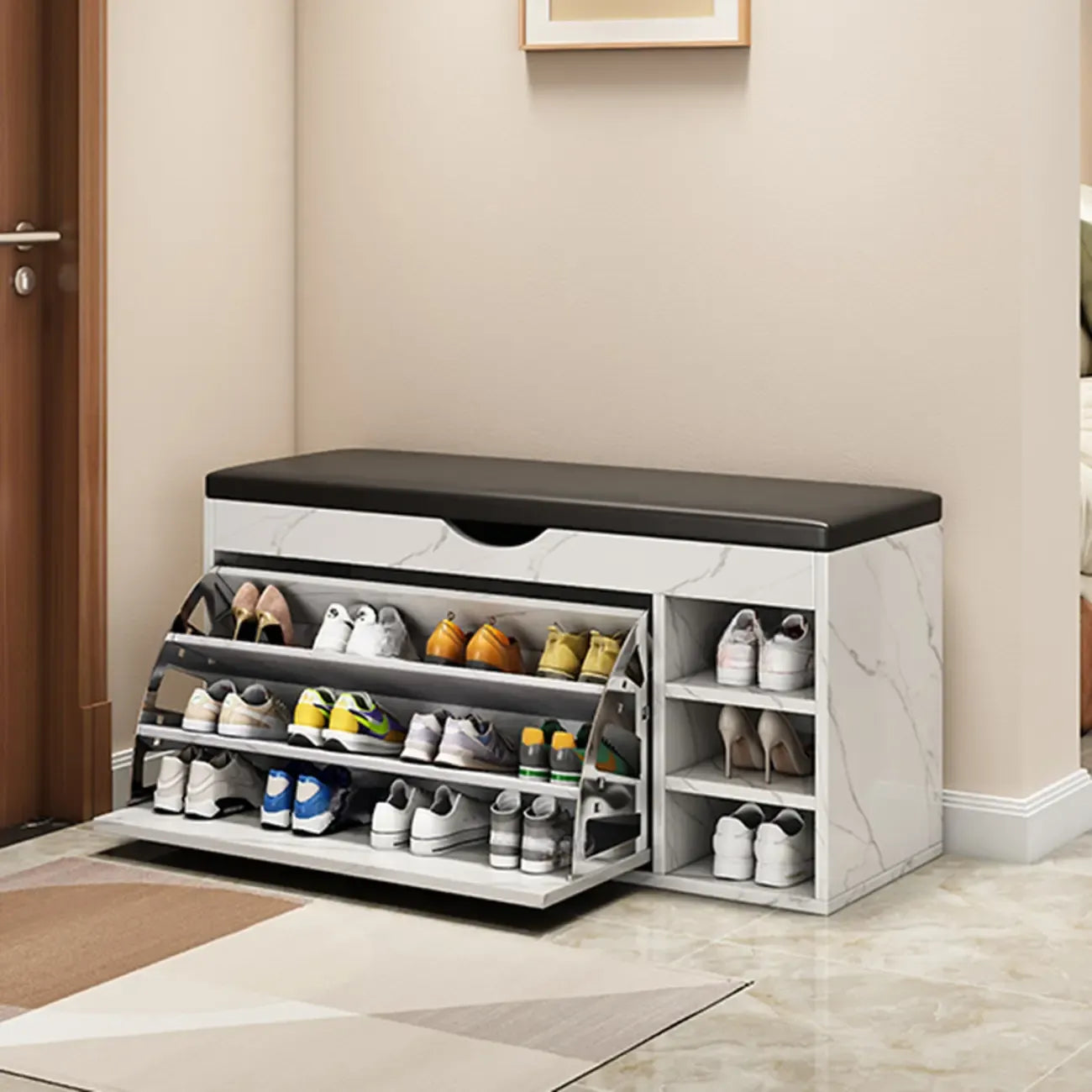 Banc d'entrée avec rangement à chaussures rabattable et couvercle à charnières