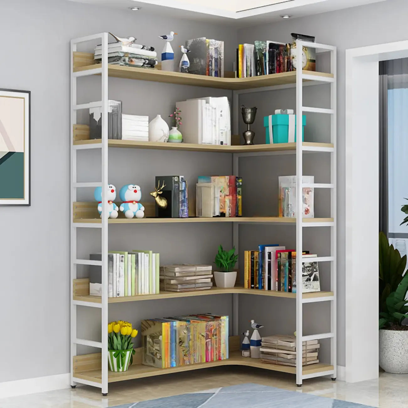 Bibliothèque d'angle en bois et métal en forme de L Etagere