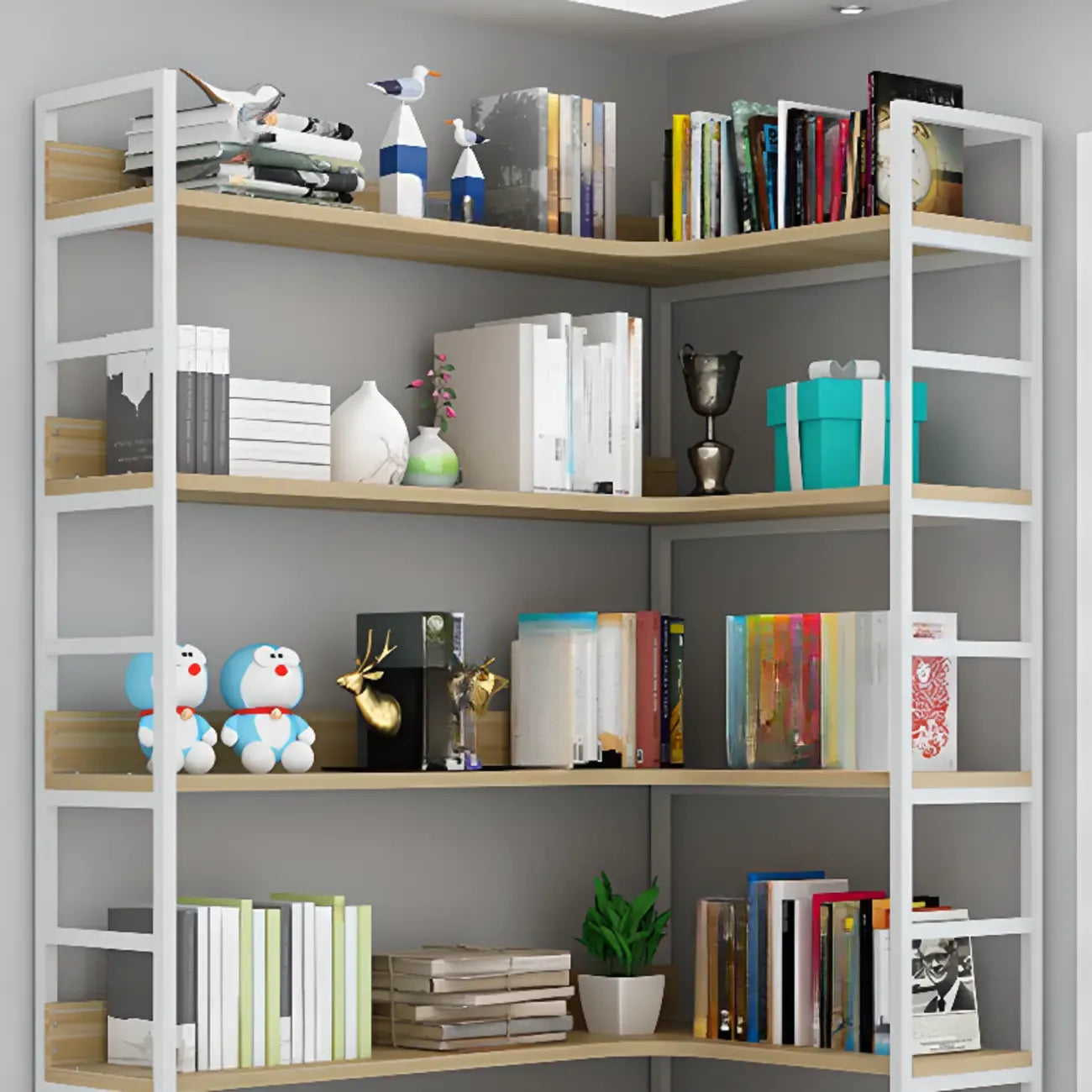 Bibliothèque d'angle en bois et métal en forme de L Etagere