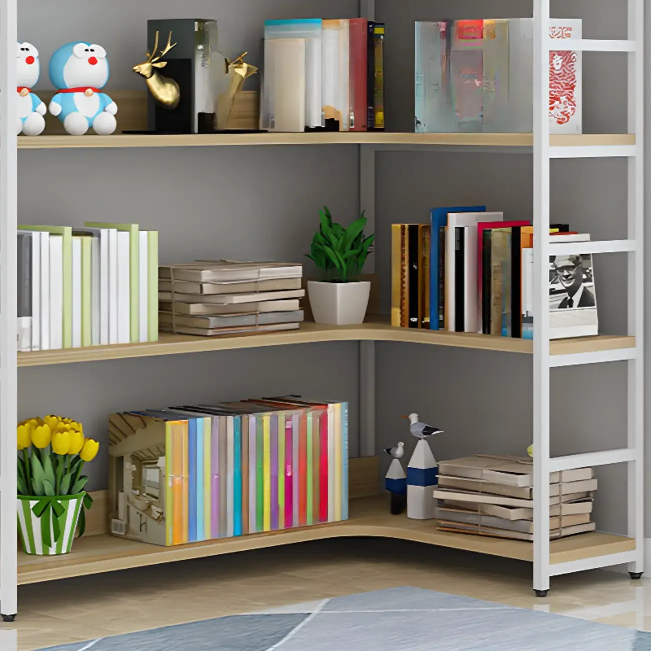 Bibliothèque d'angle en bois et métal en forme de L Etagere