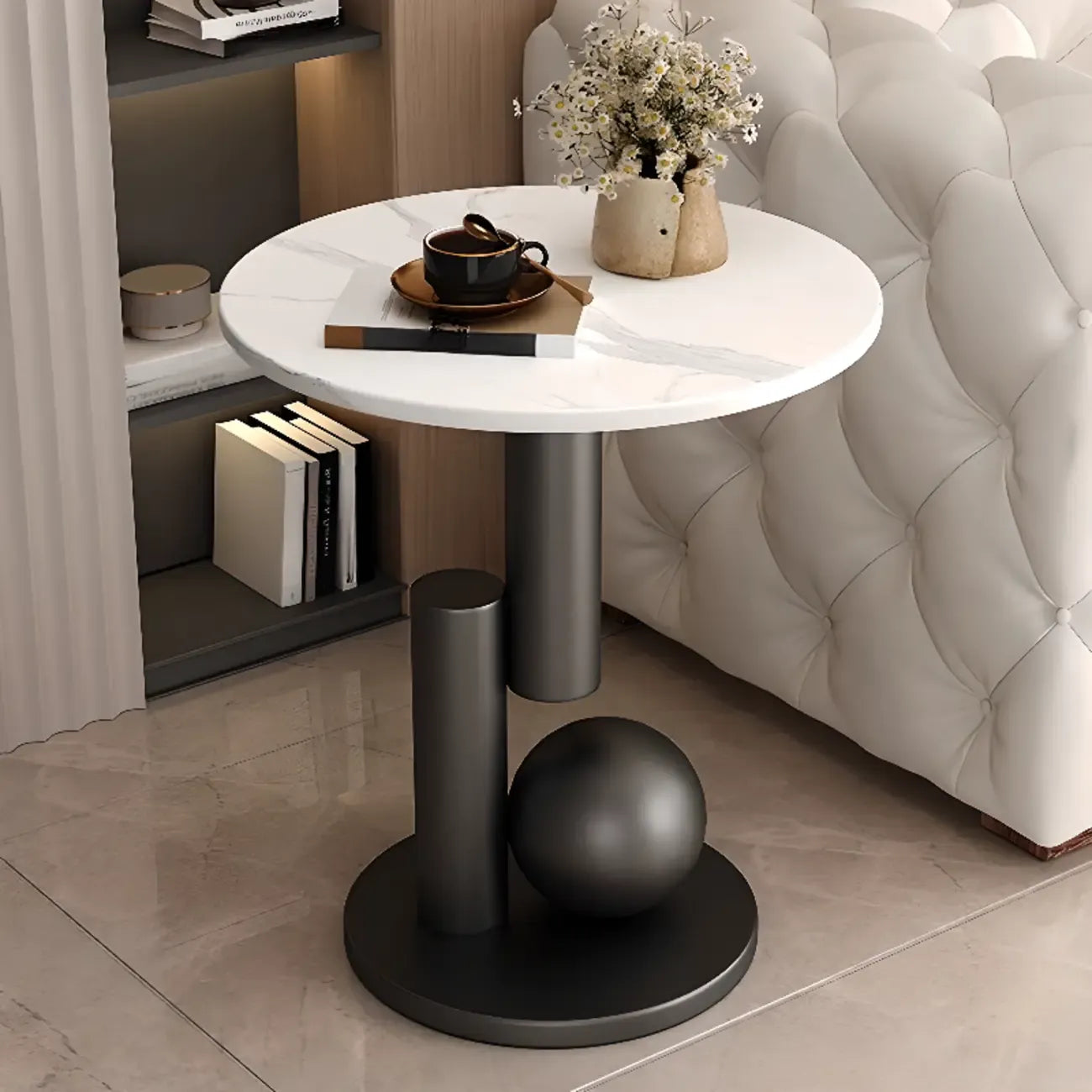 Table d'appoint ronde glamour avec plateau en pierre et piètement abstrait