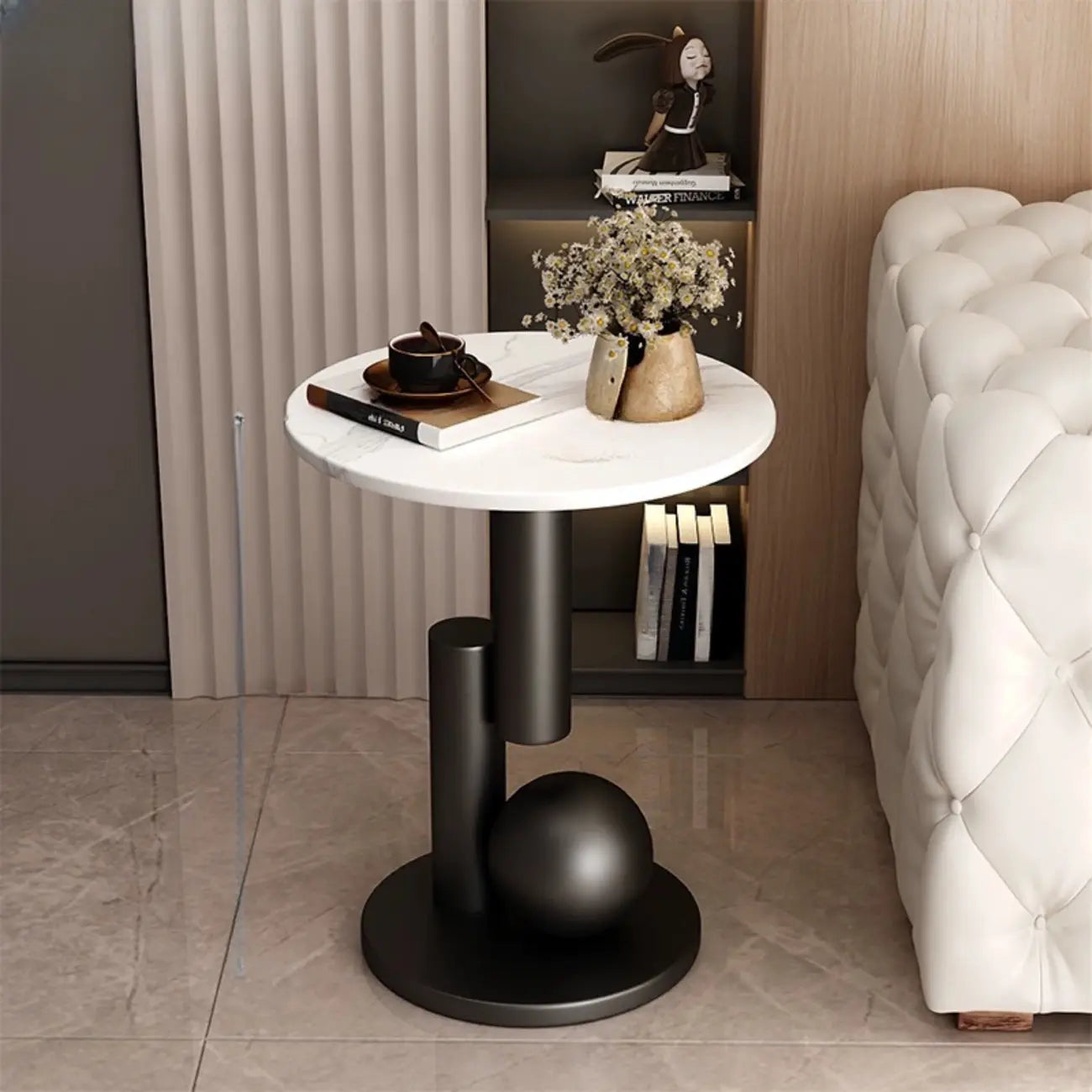 Table d'appoint ronde glamour avec plateau en pierre et piètement abstrait