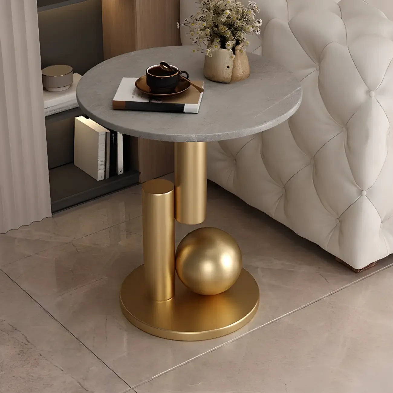 Table d'appoint ronde glamour avec plateau en pierre et piètement abstrait