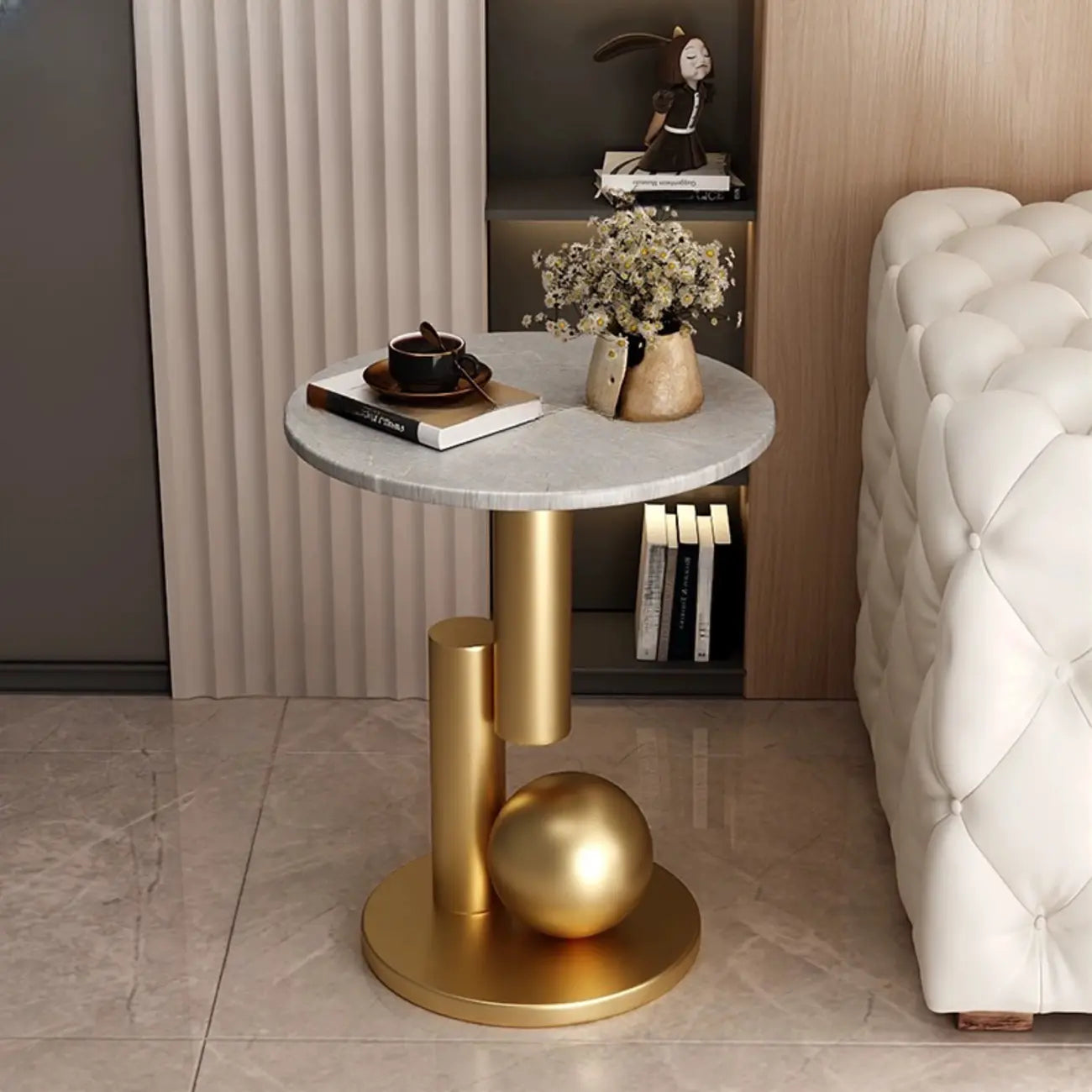 Table d'appoint ronde glamour avec plateau en pierre et piètement abstrait