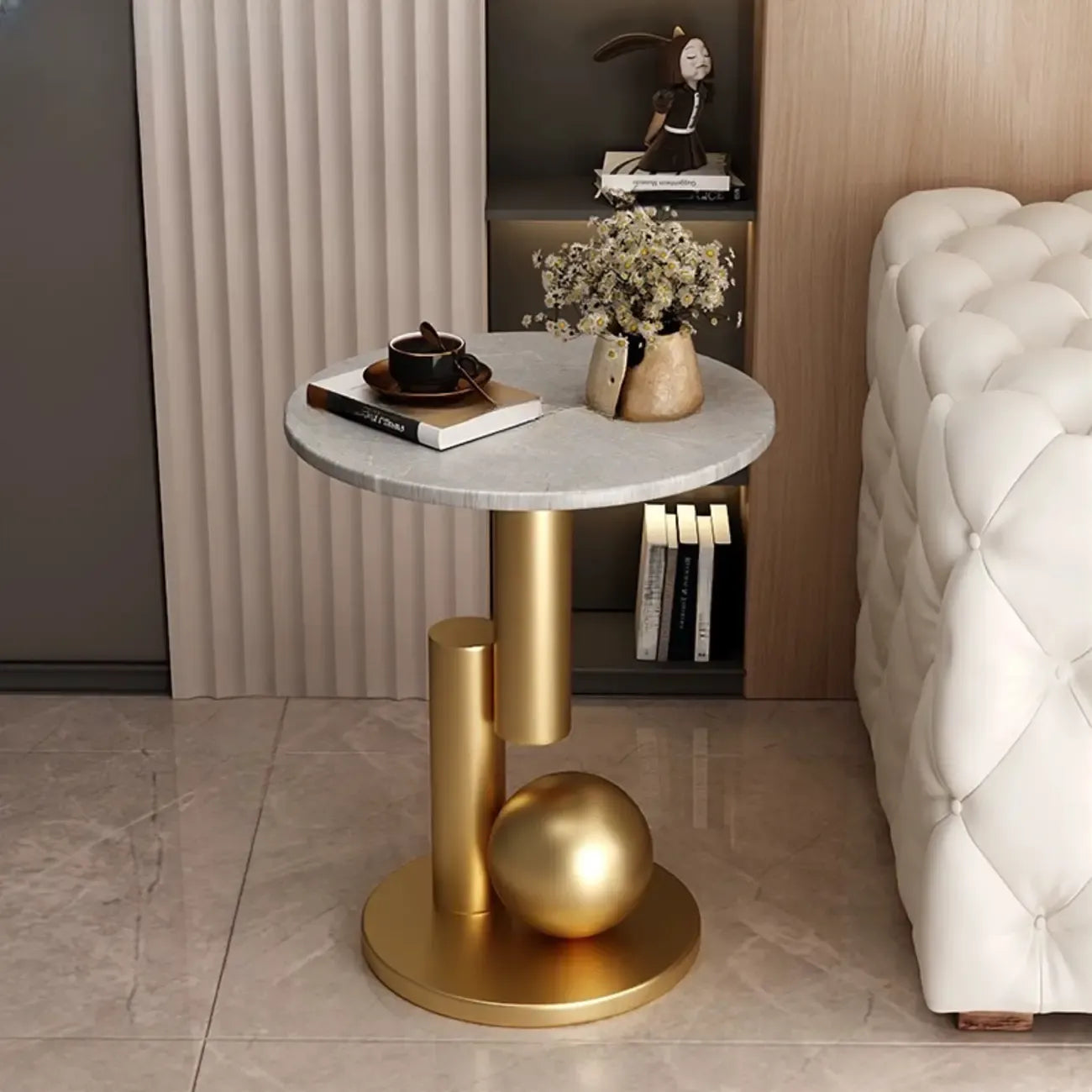 Table d'appoint ronde glamour avec plateau en pierre et piètement abstrait