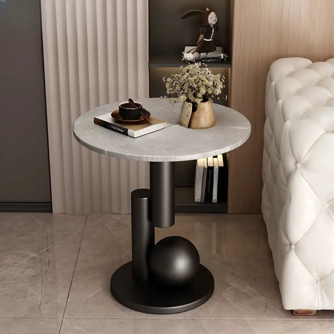 Table d'appoint ronde glamour avec plateau en pierre et piètement abstrait