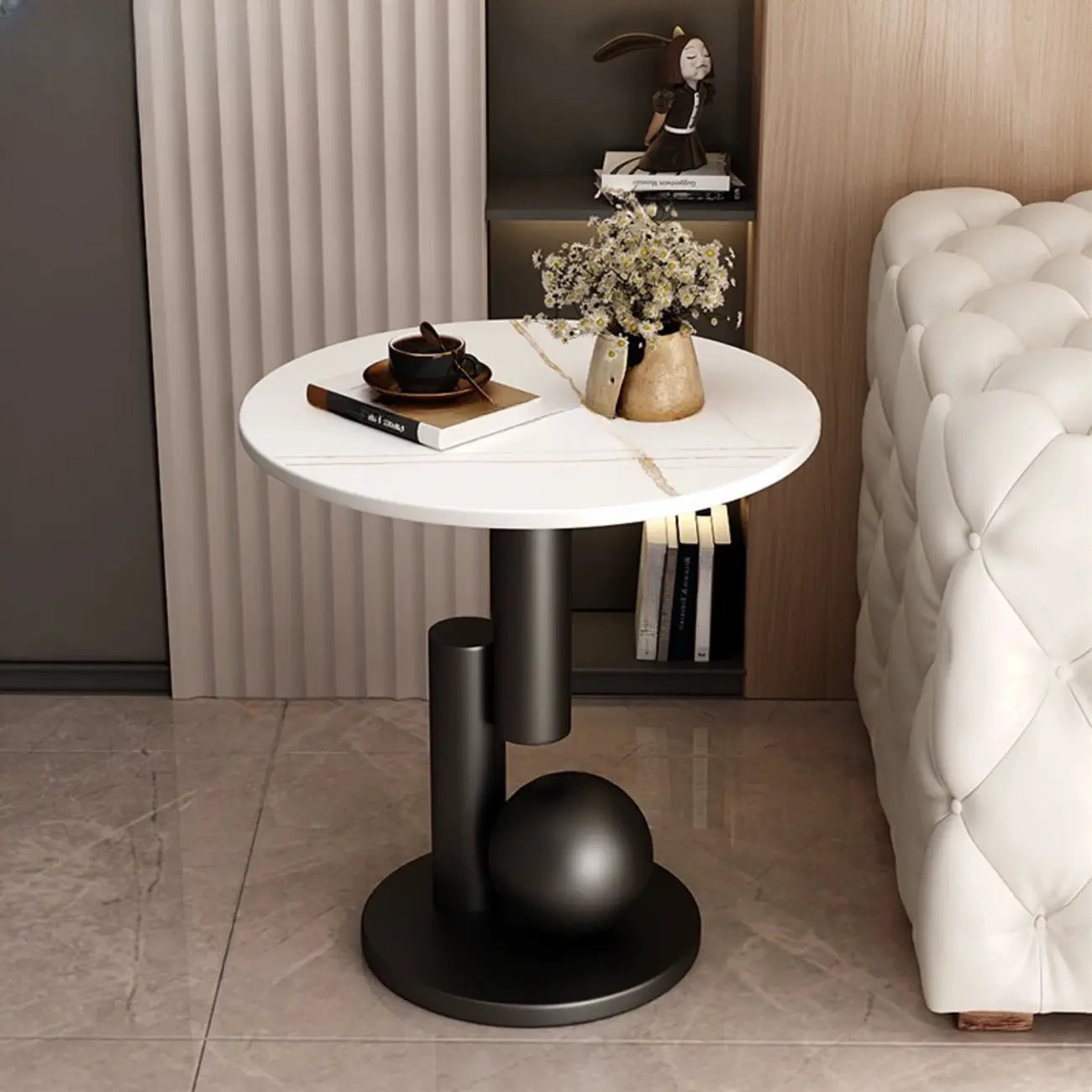 Table d'appoint ronde glamour avec plateau en pierre et piètement abstrait