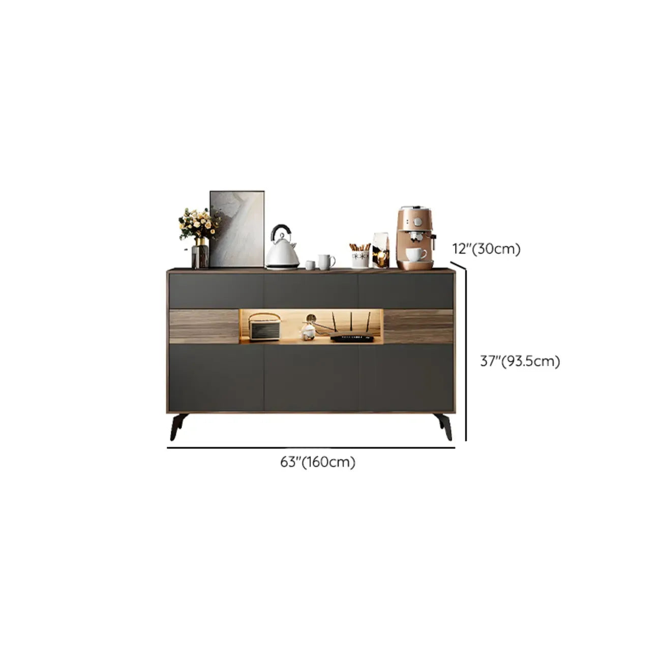 63 Mobile TV a colonna in legno nero con ripiani a giorno e luci